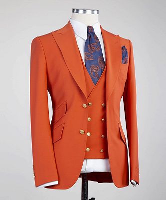 Bradford Fashion Orange Peaked Lapel Three Pieces Men Suits_3