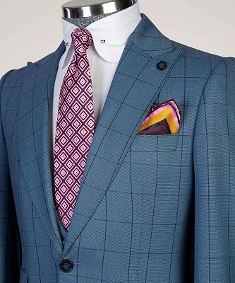 Gordon Fashion Blue Plaid Slim Fit Peaked Lapel Three Pieces Men Suits