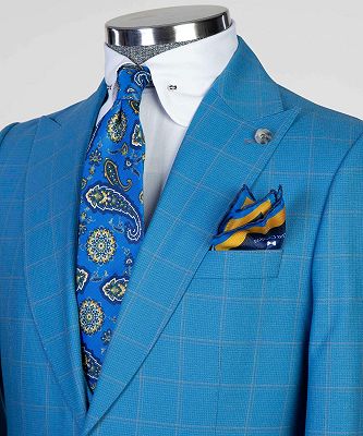 Harold Blue Plaid Three Pieces Peaked Lapel Men Suits For Business_3