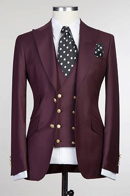 Darrell Fashion Burgundy Three Pieces Peaked Lapel Men Suits