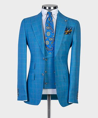 Harold Blue Plaid Three Pieces Peaked Lapel Men Suits For Business_4