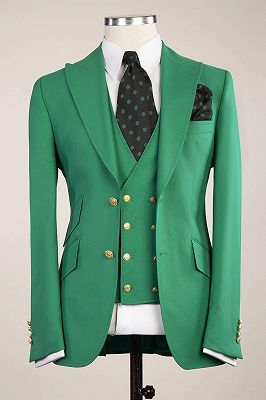 Lastest Design Stylish Green Peaked Lapel Slim Fit Prom Men Suits_1