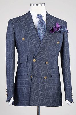 Edgar Formal Navy Double Breasted Plaid Peaked Lapel Business Suits_1
