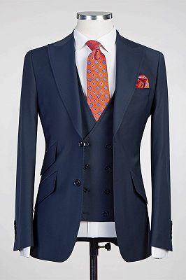 Graeme New Arrival Dark Blue Peaked Lapel 3-Pieces Busibess Men Suits_1