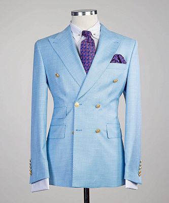 Bernie Sky Blue New Arrival Peaked Lapel Double Breasted Two Pieces Prom Suits_3