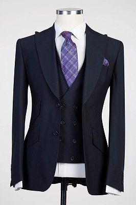 Graham Fashion Dark Navy Three Pieces Peaked Lapel Men Suits_1