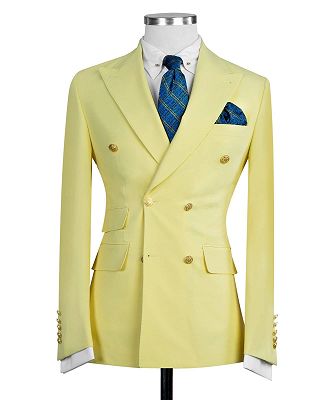 Bertran Yellow Fashion Double Breasted Peaked Lapel Men Suits_3