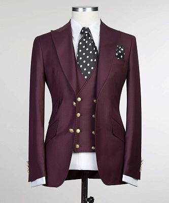 Darrell Fashion Burgundy Three Pieces Peaked Lapel Men Suits_4