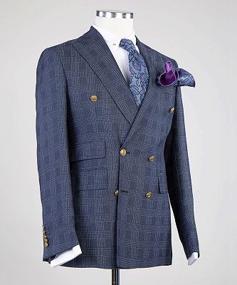 Edgar Formal Navy Double Breasted Plaid Peaked Lapel Business Suits