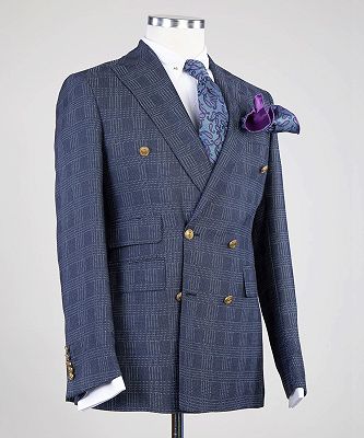 Edgar Formal Navy Double Breasted Plaid Peaked Lapel Business Suits_2