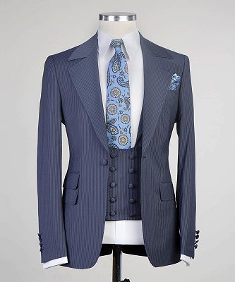 Jay Newest Navy Stripe Notched Lapel Three Pieces Men Suits_5