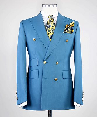 Elmer Modern Blue Double Breasted Peaked Lapel Business Men Suits_3