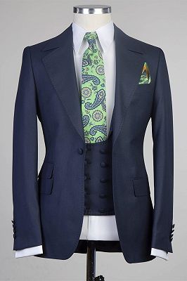 Clement Chic Navy One Button Three Pieces Peaked Lapel Men Suits