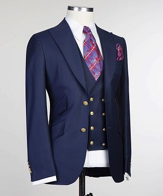 Archie Dark Navy Chic Peaked Lapel Three Pieces Men Suits_3