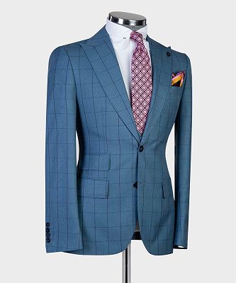 Gordon Fashion Blue Plaid Slim Fit Peaked Lapel Three Pieces Men Suits_3