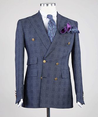 Edgar Formal Navy Double Breasted Plaid Peaked Lapel Business Suits_3