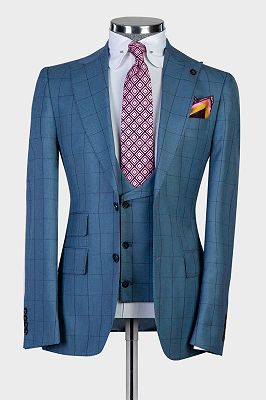 Gordon Fashion Blue Plaid Slim Fit Peaked Lapel Three Pieces Men Suits_1
