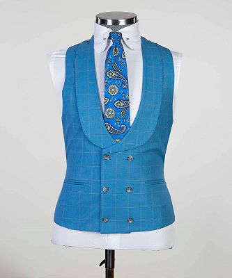 Harold Blue Plaid Three Pieces Peaked Lapel Men Suits For Business