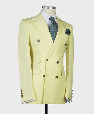 Dustin Newest Light Yellow Double Breasted Peaked Lapel Men Suits