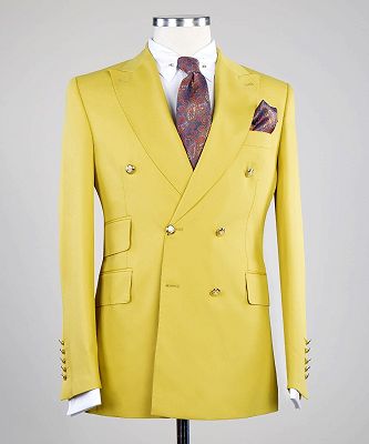 Ernest Yellow Peaked Lapel Double Breasted Two Pieces Men Suits_3