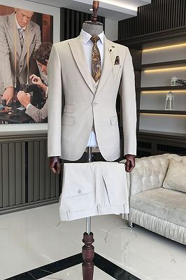 Stylish Khaki Three Pieces Slim Fit Peaked Lapel Business Suits