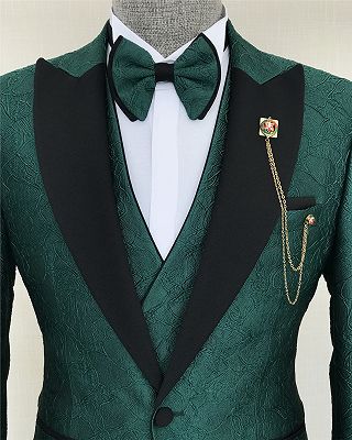 Aidan Dark Green Three Pieces Jacquad Peaked Lapel Men Suit