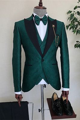 Aidan Dark Green Three Pieces Jacquad Peaked Lapel Men Suit_1