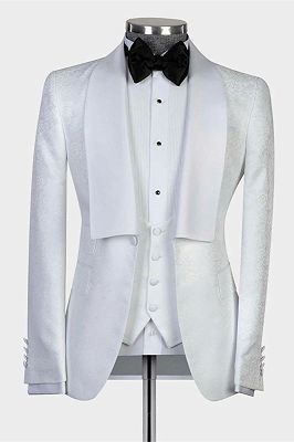 Feiix Chic White Shawl Lapel Three Pieces Jacquard Men Suits For Wedding_1