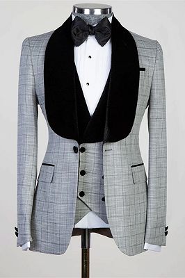 Eric Bespoke Gray Plaid Three Pieces Men Suits for Wedding_1