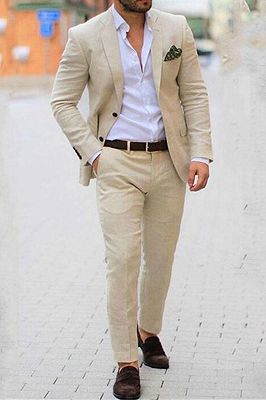 Ivory Casual Summer 2 piece Linen Blazer Mens Suits | Beige Slim Fit Groom Wedding Tuxedo