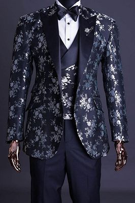 Wilson Chic Black Jacquard Peaked Lapel Three Pieces Prom Suits_1