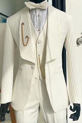 Yale Simple White Plaid Shawl Lapel Three Pieces Wedding Suits
