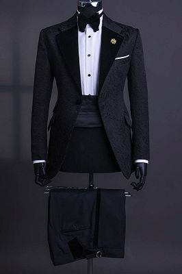 Ward Fashion Black Jacquard Notched Lapel Two Pieces Prom Suits_1