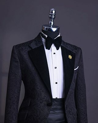 Ward Fashion Black Jacquard Notched Lapel Two Pieces Prom Suits_2