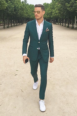 Byron Dark Green Peaked Lapel Slim Fit Men Suit for Prom_1