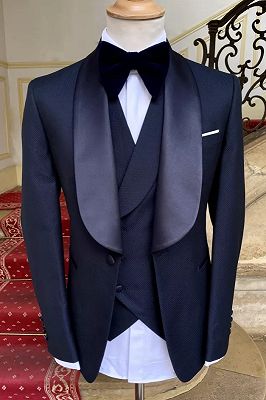 Wade Bespoke Navy Blue Shawl Lapel Three Pieces Wedding Suits_1