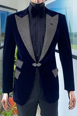 Woodrow Fancy Navy Blue Peaked Lapel Two Pieces Prom Suits_1