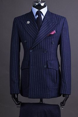 Washington Dark Blue Peaked Lapel Double Breasted Striped Business Suits