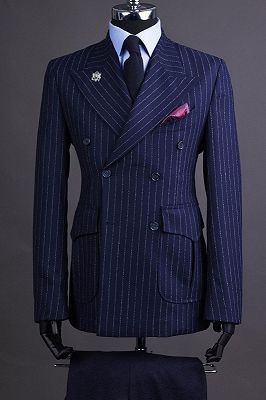 Washington Dark Blue Peaked Lapel Double Breasted Striped Business Suits_1