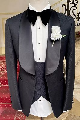 Waller Classic Black Jacquard Three Pieces Wedding Suits_1