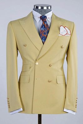 Robert Stylish Champagne Peaked Lapel Double Breasted Prom Suits_1