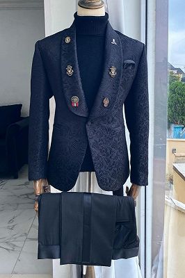 Yves Newest Navy Blue Jacquard Shawl Lapel Two Pieces Wedding Suits_1