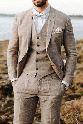 Khaki Linen Summer Beach Mens Classic Suits | 2020 Groom Wedding Tuxedos with 3 Pieces