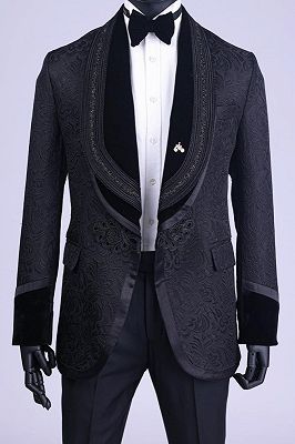 Will Glamorous Black Jacquard Shawl Lapel Two Pieces Wedding Suits_1