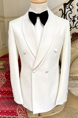 Walker Chic White Shawl Lapel Double Breasted Men Suits For Wedding_1