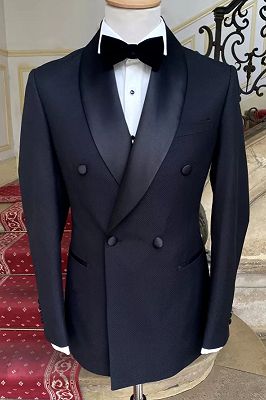 Walton Newest Black Shawl Lapel Double Breasted Wedding Suits_1