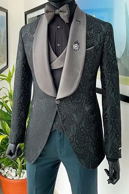 Xavier Fashion Sage Shawl Lapel Three Pieces Jacquard Wedding Suits