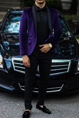 Purple Velvet Prom Party Suits | Two Piece Men Suit with Black Lapel