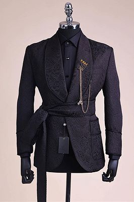Chic Black Jacquard Shawl Lapel Best Fitted Wedding Groom Suits with Belt_3