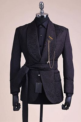 Chic Black Jacquard Shawl Lapel Best Fitted Wedding Groom Suits with Belt_1